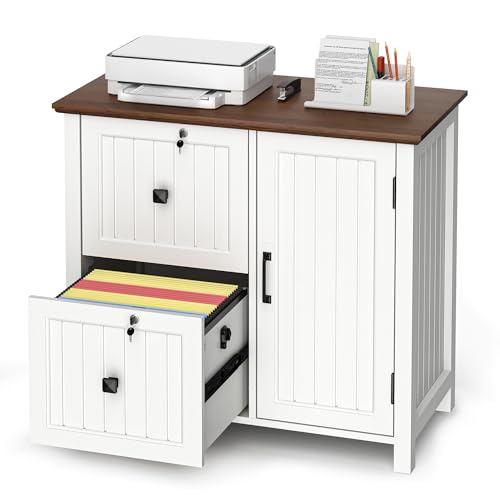 Pamapic Aktenschrank Holz Abschließbar mit 2 Schubladen, Büroschrank für Formate Letter/Legal/A4, Büromöbel mit Verstellbaren Einlegeböden & 1 Großer Schrank, Druckerständer, Weiß