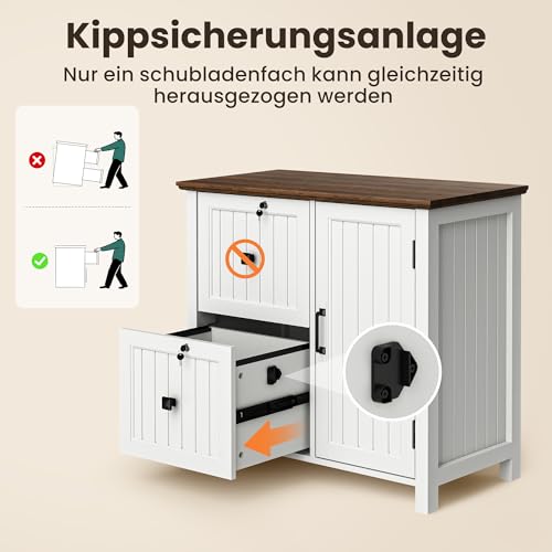 Pamapic Aktenschrank Holz Abschließbar mit 2 Schubladen, Büroschrank für Formate Letter/Legal/A4, Büromöbel mit Verstellbaren Einlegeböden & 1 Großer Schrank, Druckerständer, Weiß