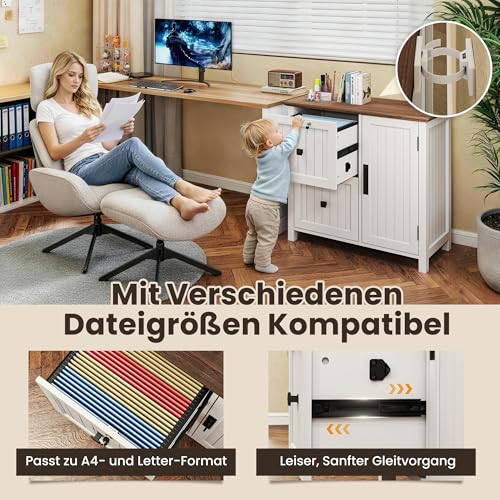 Pamapic Aktenschrank Holz Abschließbar mit 2 Schubladen, Büroschrank für Formate Letter/Legal/A4, Büromöbel mit Verstellbaren Einlegeböden & 1 Großer Schrank, Druckerständer, Weiß