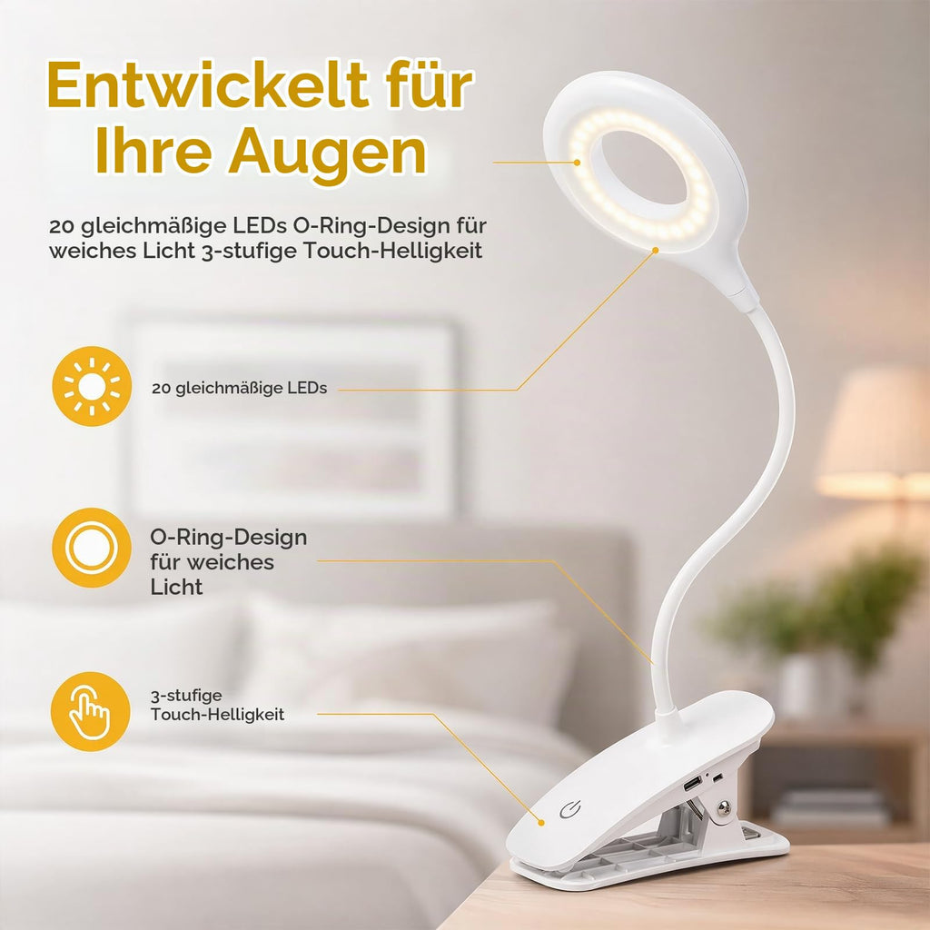 Leselampe Bett, 20 LED, 360° Flexibel, USB Aufladbar