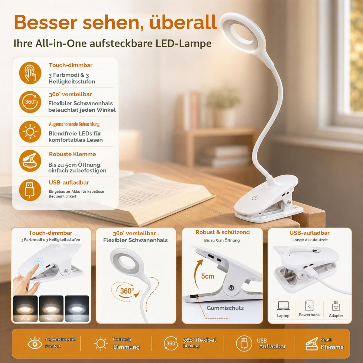 Leselampe Bett, 20 LED, 360° Flexibel, USB Aufladbar