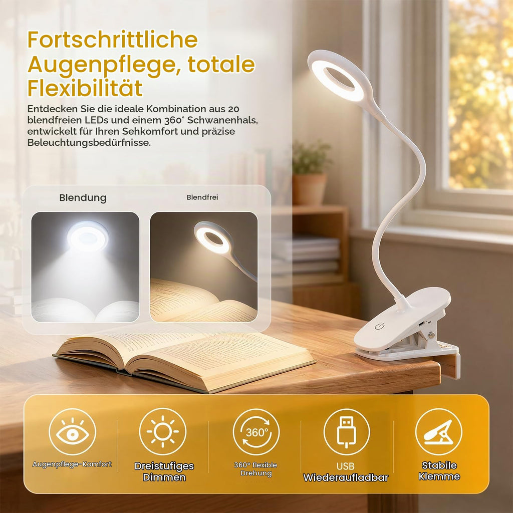 Leselampe Bett, 20 LED, 360° Flexibel, USB Aufladbar