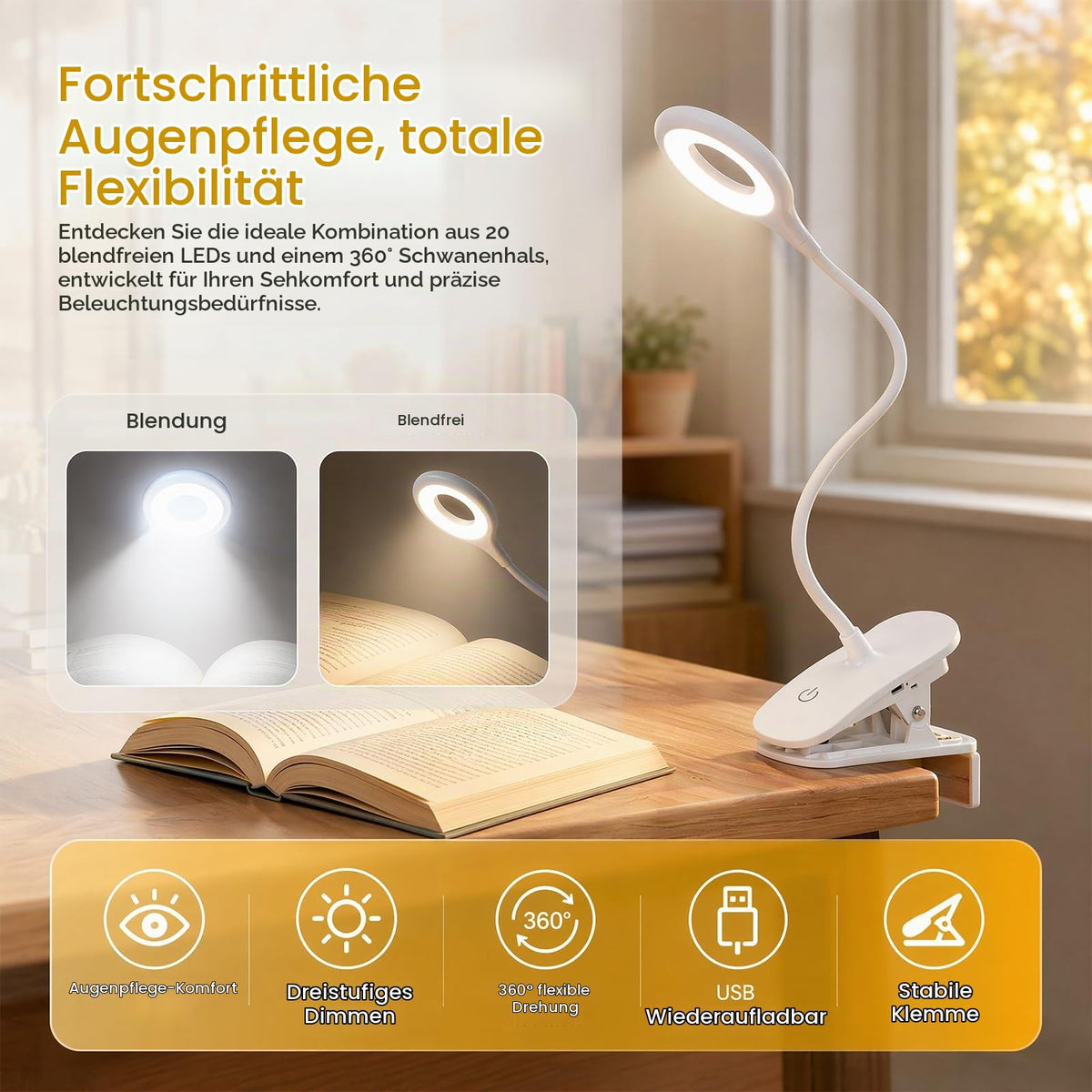 Leselampe Bett, 20 LED, 360° Flexibel, USB Aufladbar