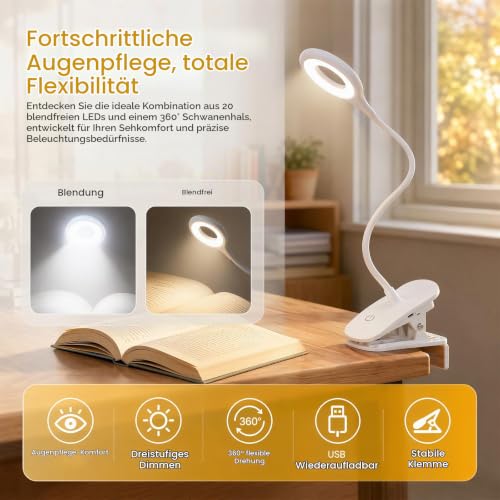 Leselampe Bett, 20 LED, 360° Flexibel, USB Aufladbar