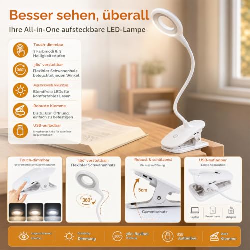 Leselampe Bett, 20 LED, 360° Flexibel, USB Aufladbar