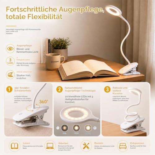 Leselampe Bett, 20 LED, 360° Flexibel, USB Aufladbar