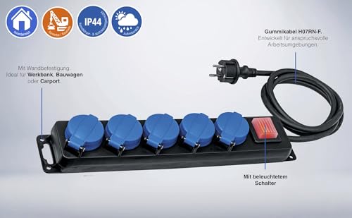 as - Schwabe 5-Fach Verteilersteckdosenleiste mit Schalter, Schutzkontaktsteckdosen mit Klappdeckeln, 1,5 m Leitung, Mehrfachsteckdose für den Außenbereich 230V, 16A, IP44, Schwarz, Blau, 38609
