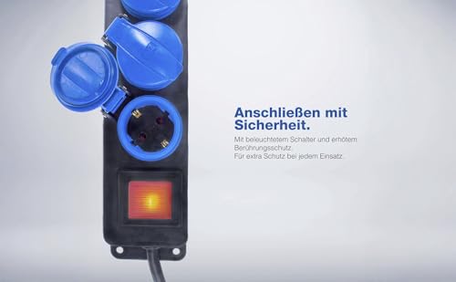 as - Schwabe 5-Fach Verteilersteckdosenleiste mit Schalter, Schutzkontaktsteckdosen mit Klappdeckeln, 1,5 m Leitung, Mehrfachsteckdose für den Außenbereich 230V, 16A, IP44, Schwarz, Blau, 38609