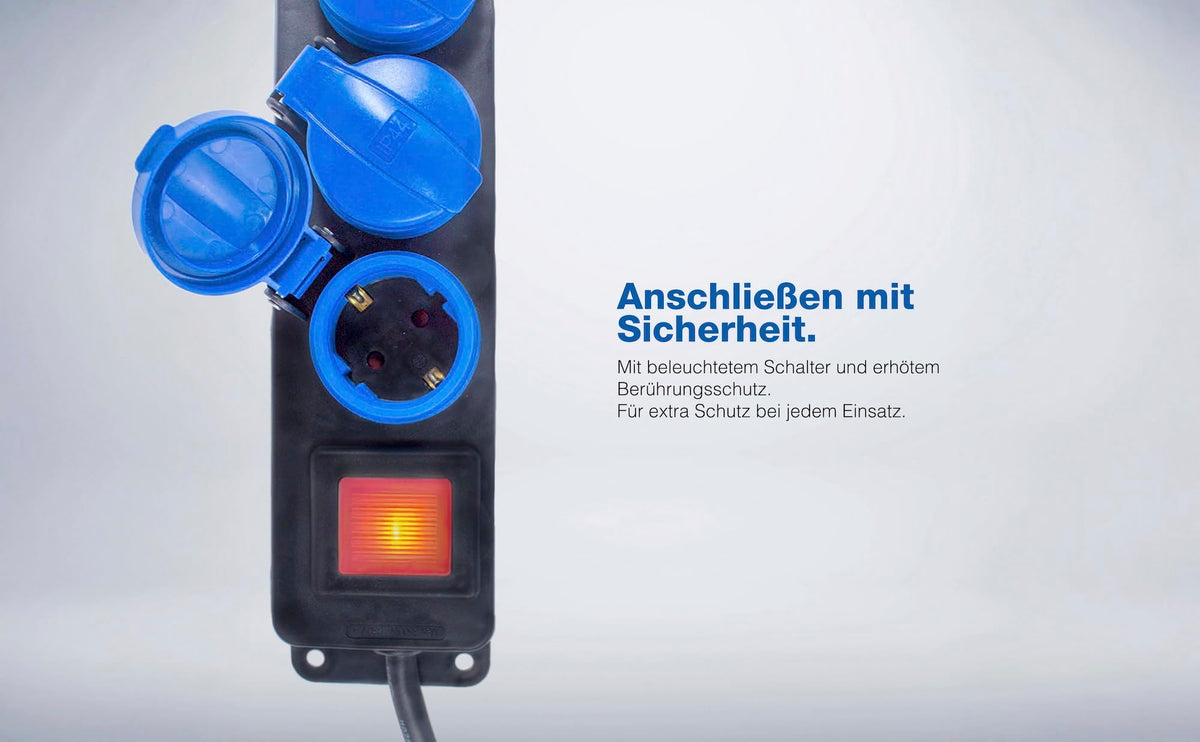 as - Schwabe 5-Fach Verteilersteckdosenleiste mit Schalter, Schutzkontaktsteckdosen mit Klappdeckeln, 1,5 m Leitung, Mehrfachsteckdose für den Außenbereich 230V, 16A, IP44, Schwarz, Blau, 38609