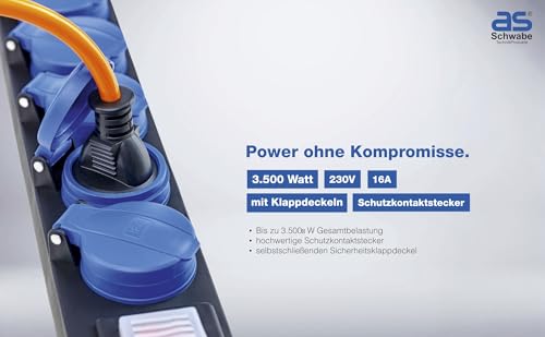 as - Schwabe 5-Fach Verteilersteckdosenleiste mit Schalter, Schutzkontaktsteckdosen mit Klappdeckeln, 1,5 m Leitung, Mehrfachsteckdose für den Außenbereich 230V, 16A, IP44, Schwarz, Blau, 38609