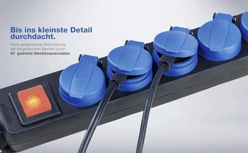 as - Schwabe 5-Fach Verteilersteckdosenleiste mit Schalter, Schutzkontaktsteckdosen mit Klappdeckeln, 1,5 m Leitung, Mehrfachsteckdose für den Außenbereich 230V, 16A, IP44, Schwarz, Blau, 38609