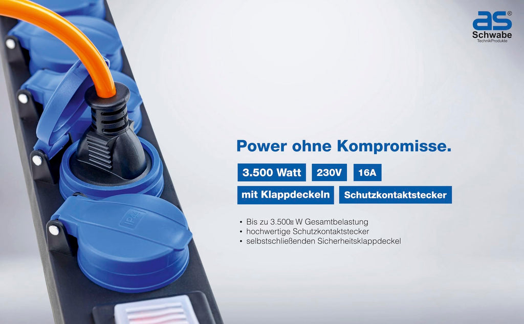 as - Schwabe 5-Fach Verteilersteckdosenleiste mit Schalter, Schutzkontaktsteckdosen mit Klappdeckeln, 1,5 m Leitung, Mehrfachsteckdose für den Außenbereich 230V, 16A, IP44, Schwarz, Blau, 38609