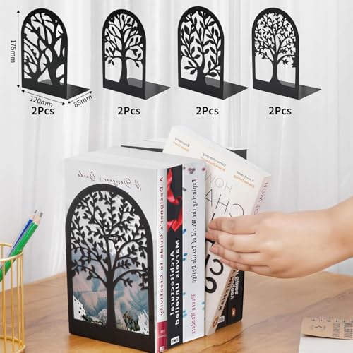 8 Stück Metall Schwarz Buchstütze, Bücherhalter mit Baummuster