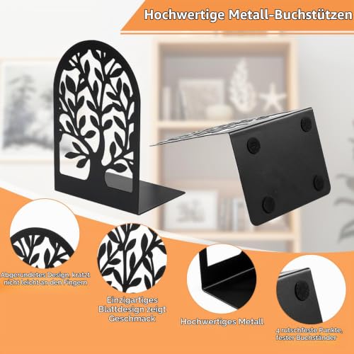 8 Stück Metall Schwarz Buchstütze, Bücherhalter mit Baummuster