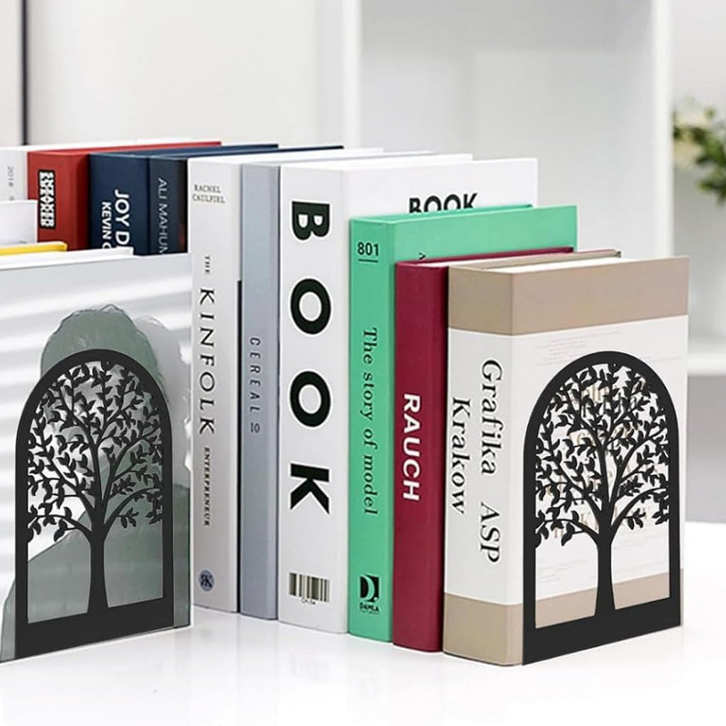 8 Stück Metall Schwarz Buchstütze, Bücherhalter mit Baummuster