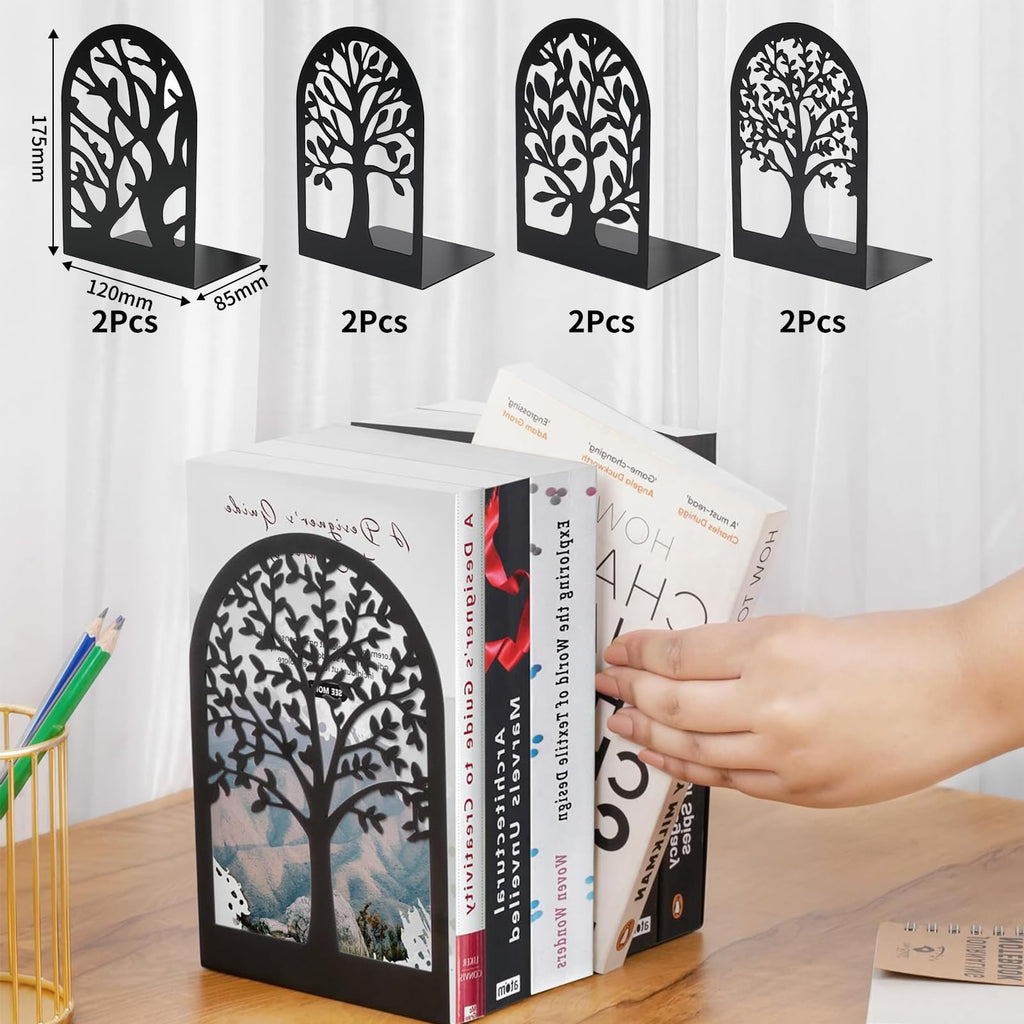 8 Stück Metall Schwarz Buchstütze, Bücherhalter mit Baummuster