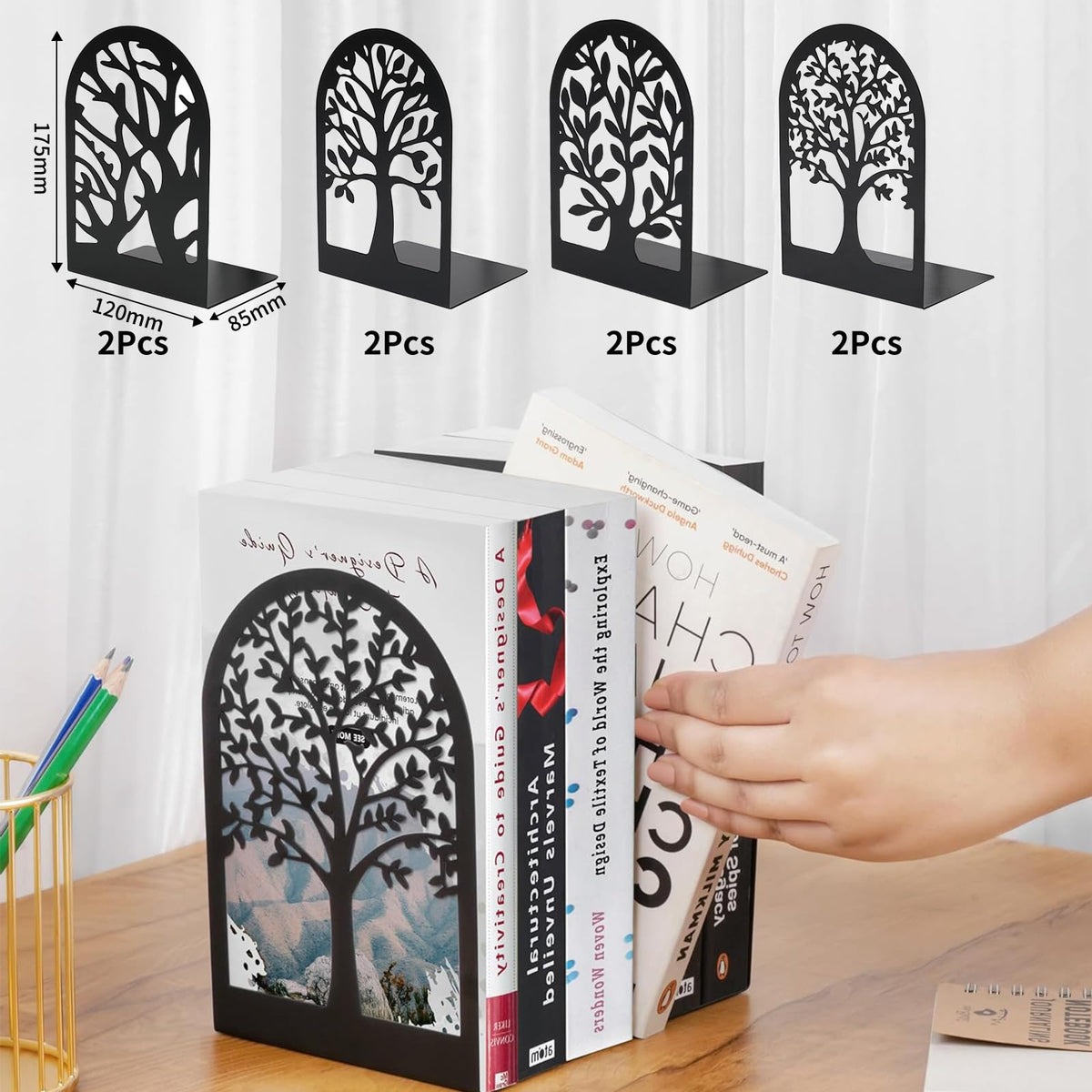 8 Stück Metall Schwarz Buchstütze, Bücherhalter mit Baummuster