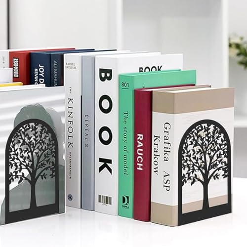 8 Stück Metall Schwarz Buchstütze, Bücherhalter mit Baummuster