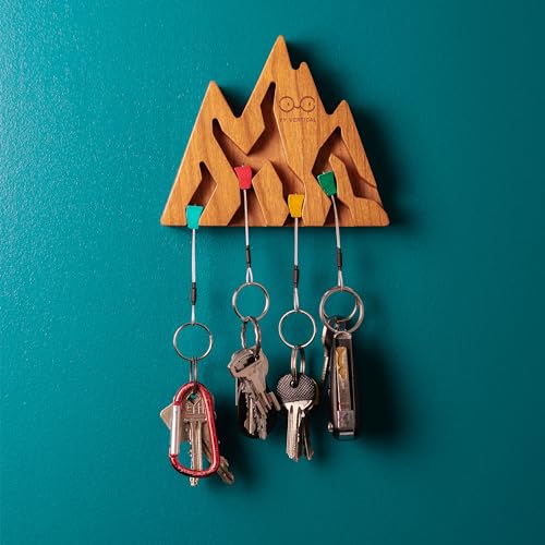 Schlüsselbrett Holz Wand mit Bergdesign, inkl. 4 Schlüsselringe, Klettern
