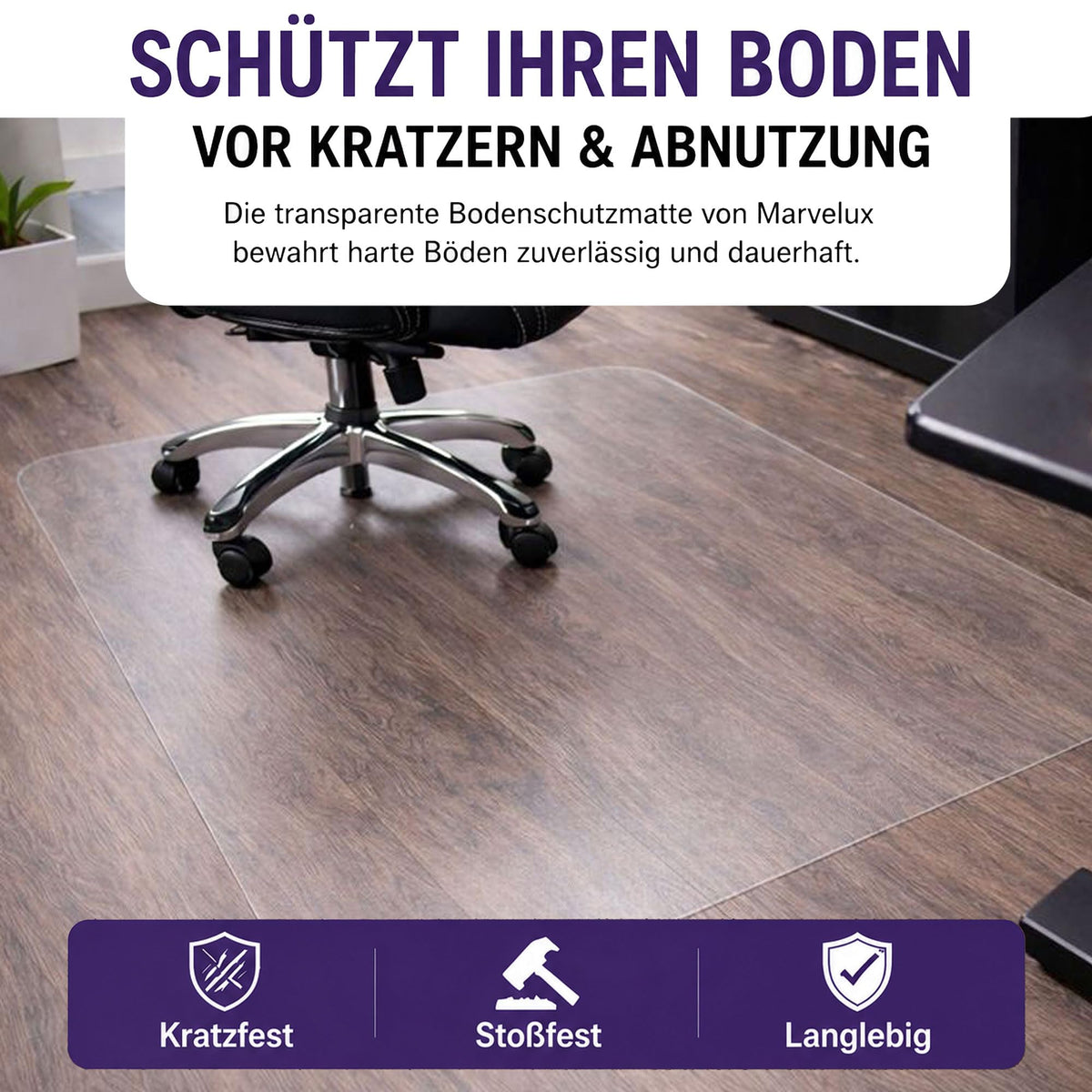 Marvelux Bodenschutzmatte Bürostuhl für Hartböden, Polycarbonat 116 x 200cm