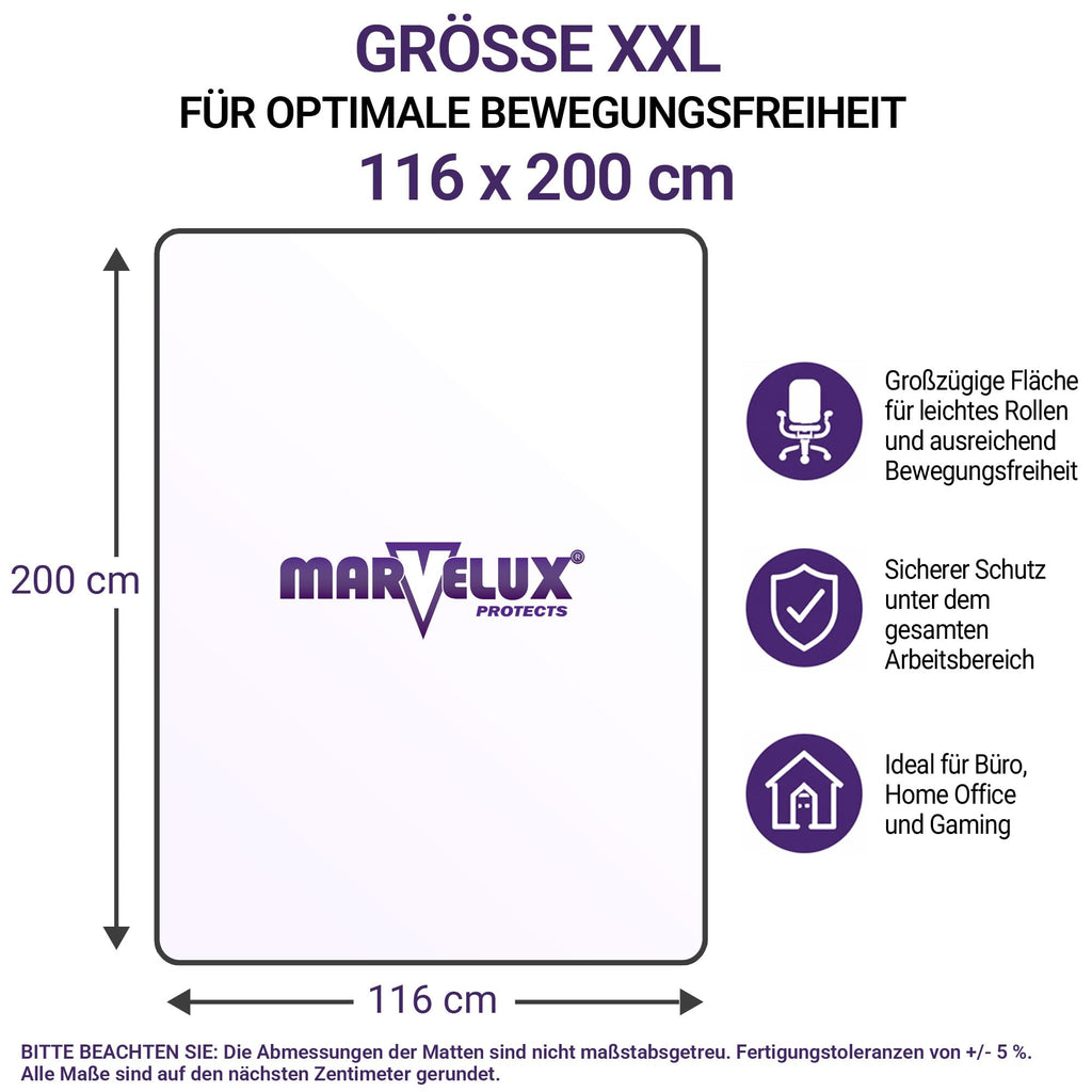 Marvelux Bodenschutzmatte Bürostuhl für Hartböden, Polycarbonat 116 x 200cm