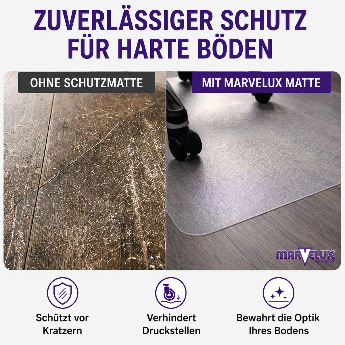 Marvelux Bodenschutzmatte Bürostuhl für Hartböden, Polycarbonat 116 x 200cm