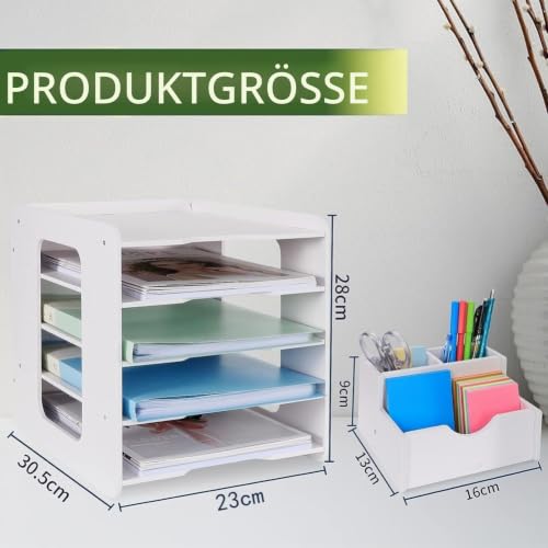 LATERN 5 Stufiger Briefablage Organizer, A4 Papier Ablagefach Aktendokumenthalter Schreibtisch Organizer mit Stifthalter für Home Office Schule Desktop Organisation (Holz-Kunststoff)
