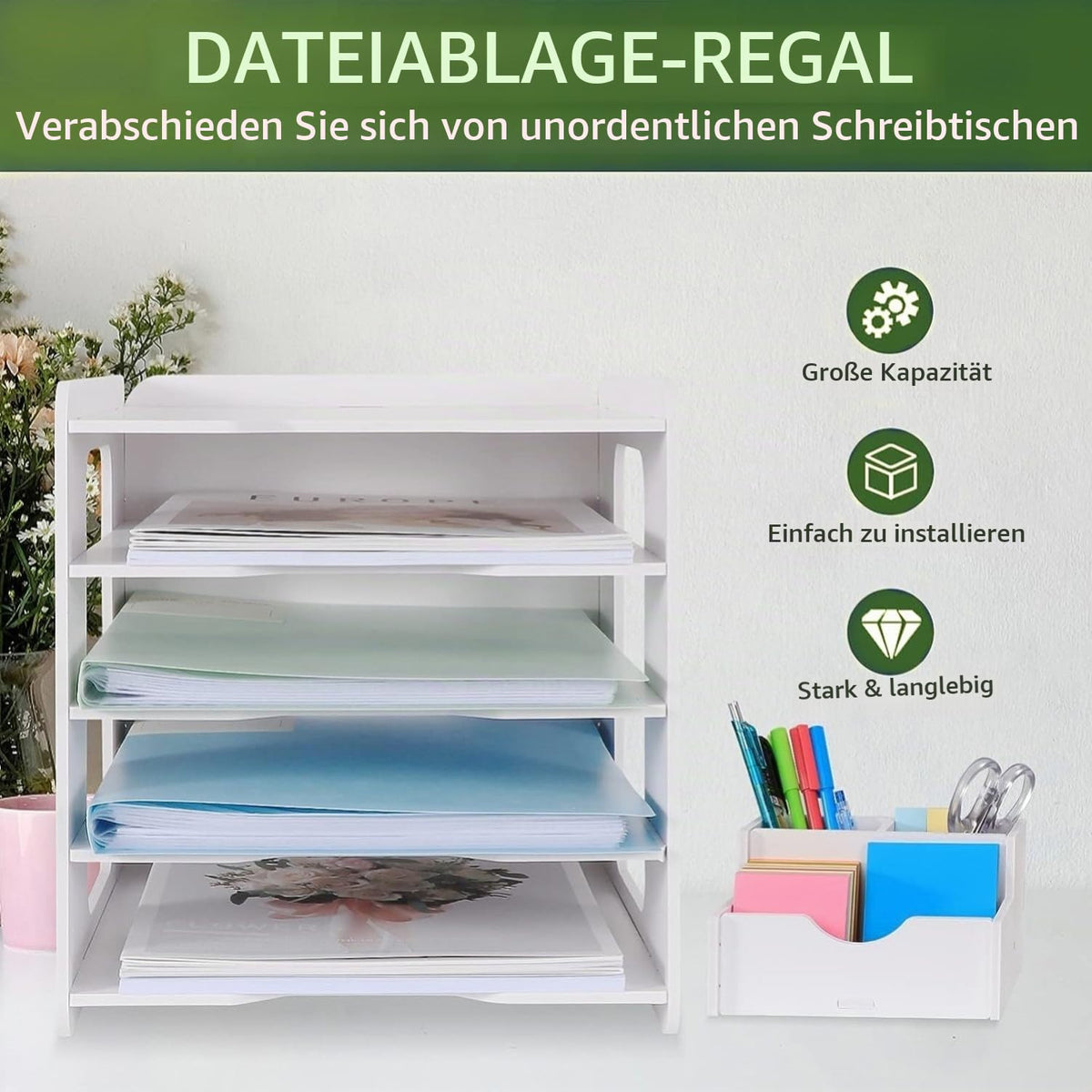 LATERN 5 Stufiger Briefablage Organizer, A4 Papier Ablagefach Aktendokumenthalter Schreibtisch Organizer mit Stifthalter für Home Office Schule Desktop Organisation (Holz-Kunststoff)