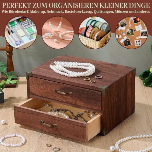 Ciieeo Schreibtisch-Aufbewahrungsbox Aus Holz Mit 2 Schubladen Vintage Schubladenbox Für Bürobedarf Kosmetik Und Schmuck Kompakte Desktop-Box Für Zuhause Arbeitszimmer Und Kleine Räume