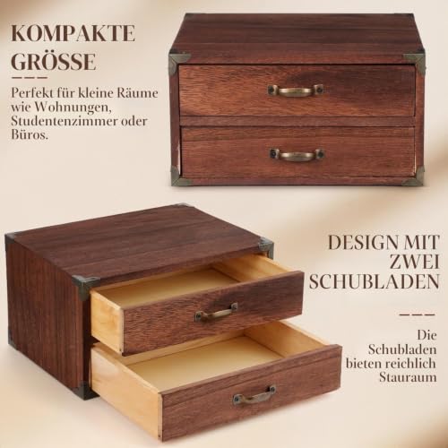 Ciieeo Schreibtisch-Aufbewahrungsbox Aus Holz Mit 2 Schubladen Vintage Schubladenbox Für Bürobedarf Kosmetik Und Schmuck Kompakte Desktop-Box Für Zuhause Arbeitszimmer Und Kleine Räume