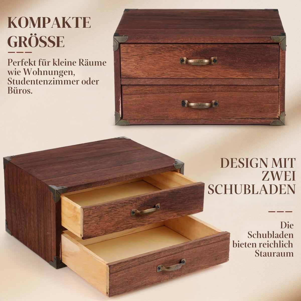 Ciieeo Schreibtisch-Aufbewahrungsbox Aus Holz Mit 2 Schubladen Vintage Schubladenbox Für Bürobedarf Kosmetik Und Schmuck Kompakte Desktop-Box Für Zuhause Arbeitszimmer Und Kleine Räume
