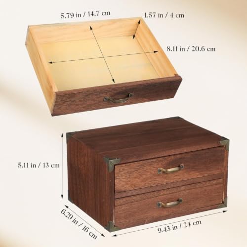 Ciieeo Schreibtisch-Aufbewahrungsbox Aus Holz Mit 2 Schubladen Vintage Schubladenbox Für Bürobedarf Kosmetik Und Schmuck Kompakte Desktop-Box Für Zuhause Arbeitszimmer Und Kleine Räume