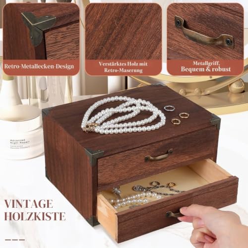 Ciieeo Schreibtisch-Aufbewahrungsbox Aus Holz Mit 2 Schubladen Vintage Schubladenbox Für Bürobedarf Kosmetik Und Schmuck Kompakte Desktop-Box Für Zuhause Arbeitszimmer Und Kleine Räume