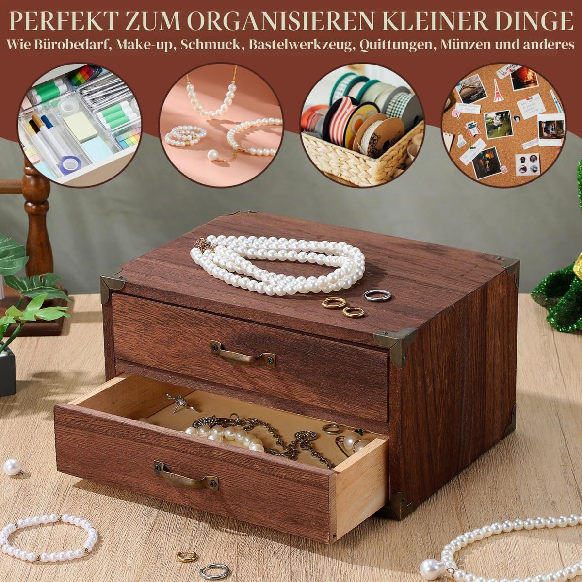 Ciieeo Schreibtisch-Aufbewahrungsbox Aus Holz Mit 2 Schubladen Vintage Schubladenbox Für Bürobedarf Kosmetik Und Schmuck Kompakte Desktop-Box Für Zuhause Arbeitszimmer Und Kleine Räume