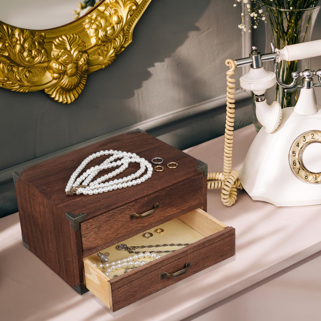 Ciieeo Schreibtisch-Aufbewahrungsbox Aus Holz Mit 2 Schubladen Vintage Schubladenbox Für Bürobedarf Kosmetik Und Schmuck Kompakte Desktop-Box Für Zuhause Arbeitszimmer Und Kleine Räume