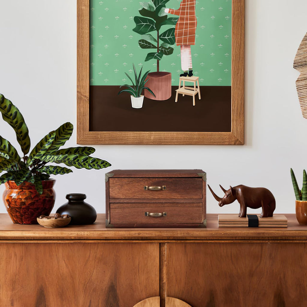 Ciieeo Schreibtisch-Aufbewahrungsbox Aus Holz Mit 2 Schubladen Vintage Schubladenbox Für Bürobedarf Kosmetik Und Schmuck Kompakte Desktop-Box Für Zuhause Arbeitszimmer Und Kleine Räume