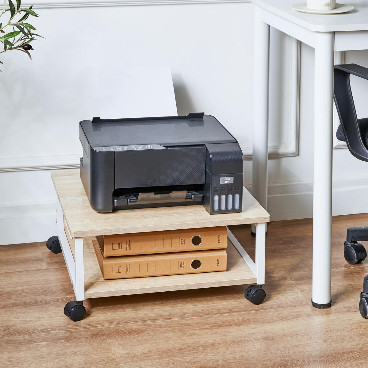 IBUYKE 2 Tier Desktop Drucker Stand Cart,Drucker Tisch mit Rädern,Schreibtisch Heavy Duty Rolltisch mit Aufbewahrungsordnern,für Bücher, Faxmaschine, Scanner, Home Office TLJ008R
