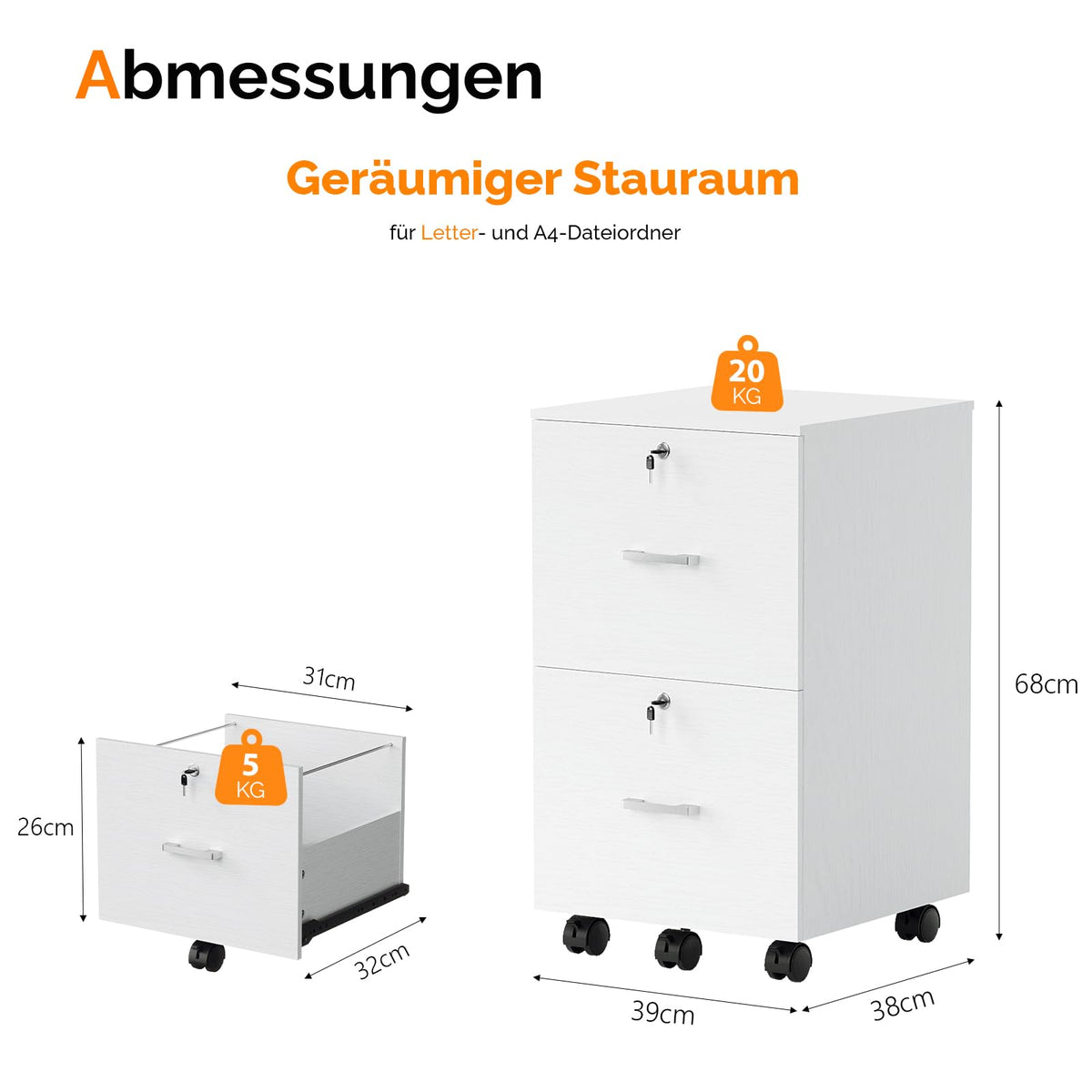 Bonnlo mobiler Aktenschrank 2 Schubladen für Büro, Homeoffice, weiß, Holz
