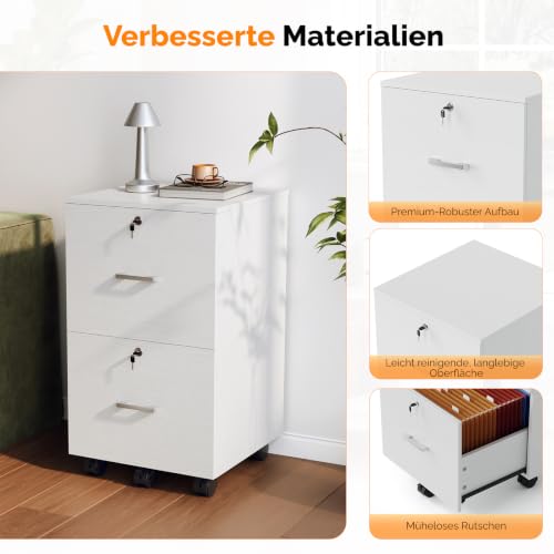 Bonnlo mobiler Aktenschrank 2 Schubladen für Büro, Homeoffice, weiß, Holz