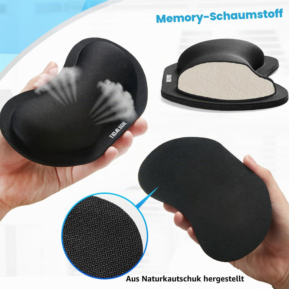 TIDALSOIL Mouse Wrist Rest, 2 Pack Mouse Wrist Rest Support Cushion mit Anti-Rutsch-Gummi-Basis, Ergonomic Pain Relief Mouse Hand Rest (Black)