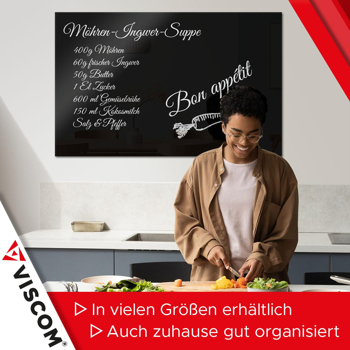 VISCOM Glas-Magnettafel - 40 x 60 cm in sattem Schwarz - rahmenlos