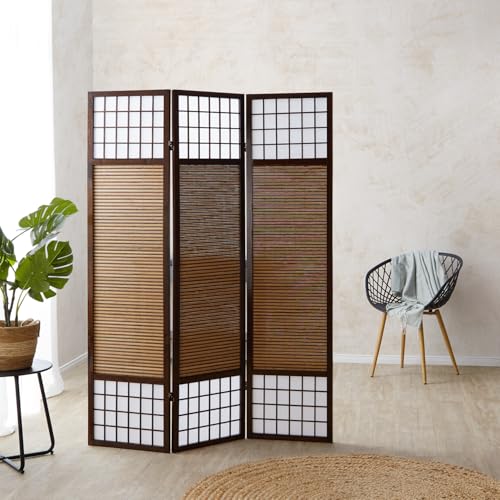 Homestyle4u Paravent 3-teilig Dunkelbraun Bambus Sichtschutz Shoji Raumteiler Holz