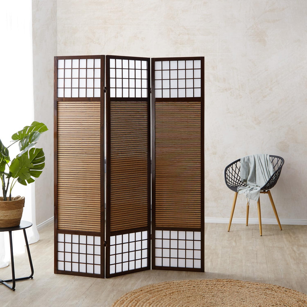 Homestyle4u Paravent 3-teilig Dunkelbraun Bambus Sichtschutz Shoji Raumteiler Holz