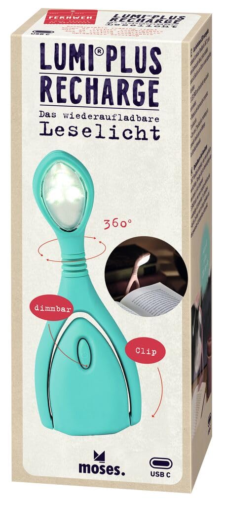 moses. Fernweh Leselicht Lumi Plus Recharge Türkis, Klemmleuchte mit stufenlosem Dimmer zum Lesen im Dunkeln, wiederaufladbare LED-Leselampe im trendigen Look, für zu Hause und unterwegs