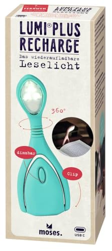 moses. Fernweh Leselicht Lumi Plus Recharge Türkis, Klemmleuchte mit stufenlosem Dimmer zum Lesen im Dunkeln, wiederaufladbare LED-Leselampe im trendigen Look, für zu Hause und unterwegs
