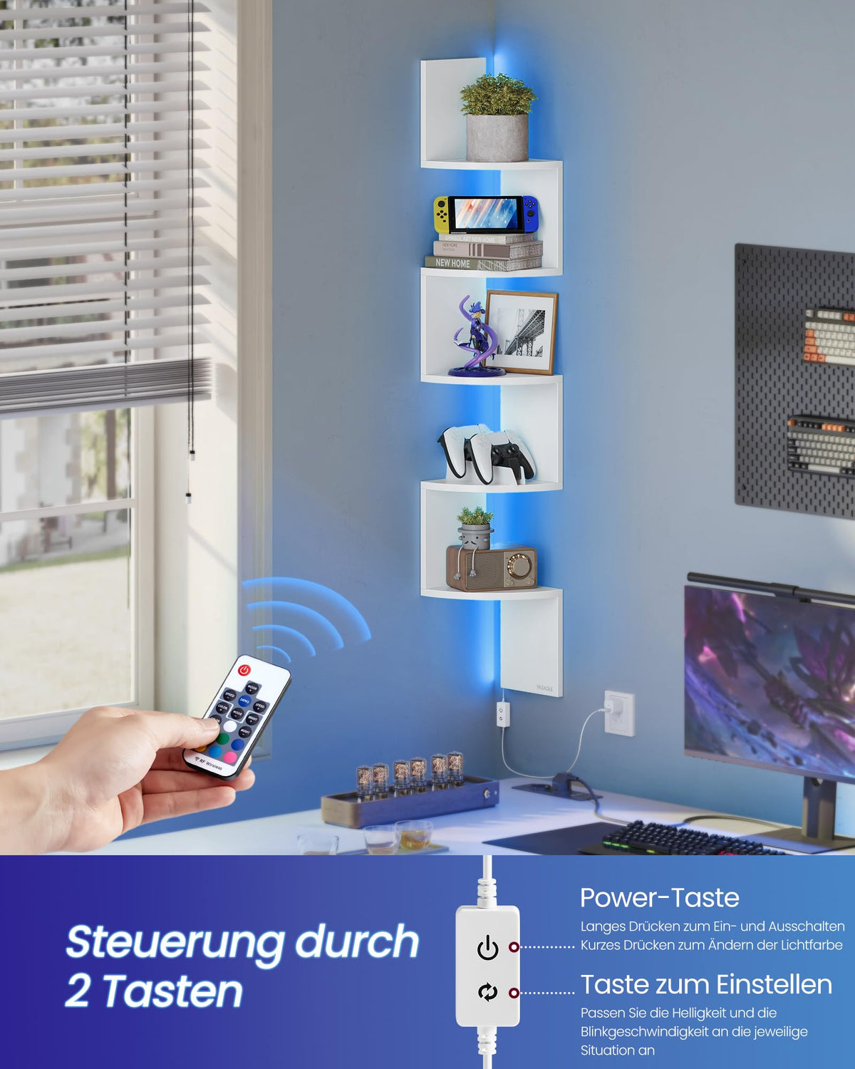 VASAGLE Eckregal mit LED-Beleuchtung, Wandregal 5 Ebenen