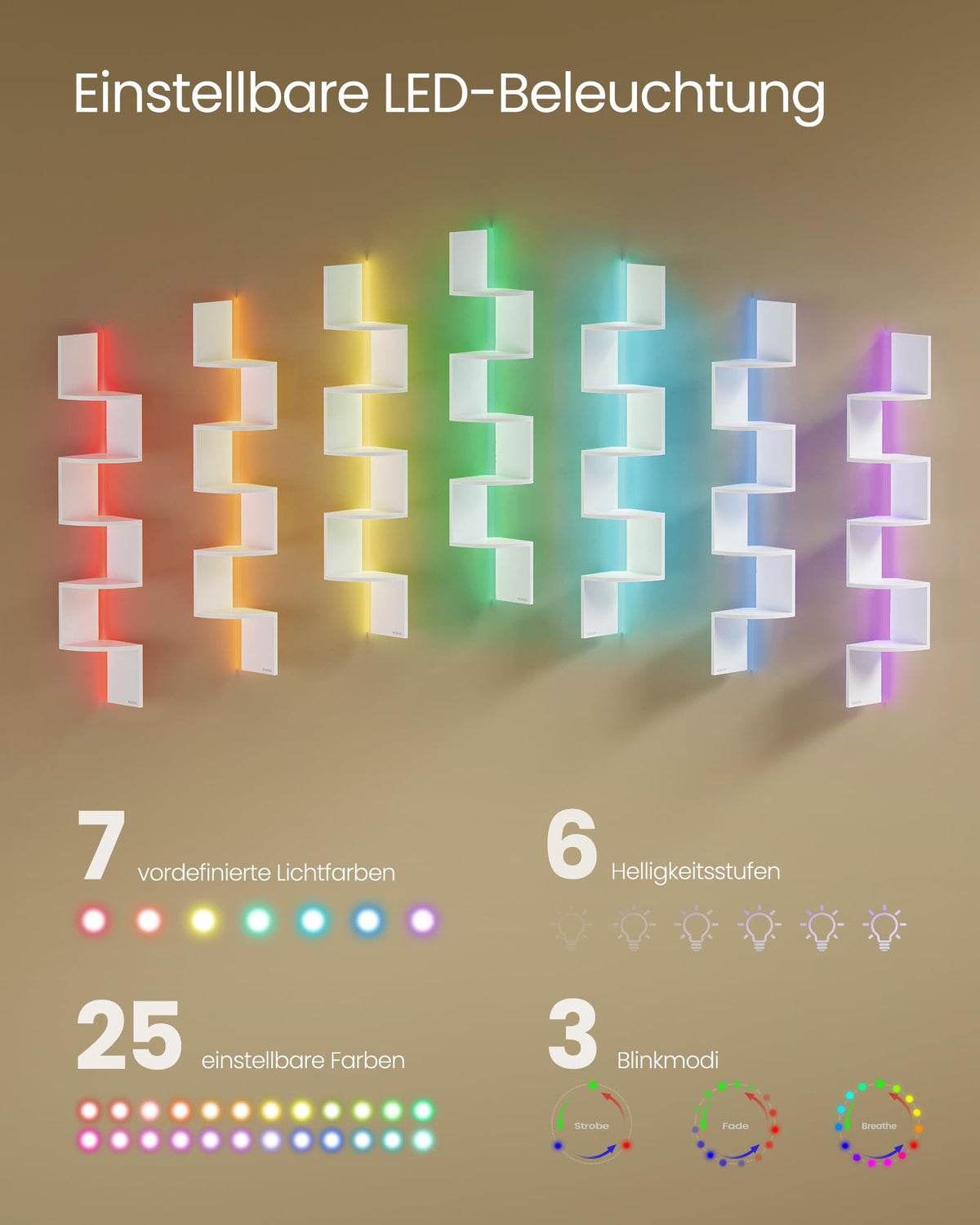 VASAGLE Eckregal mit LED-Beleuchtung, Wandregal 5 Ebenen