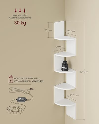 VASAGLE Eckregal mit LED-Beleuchtung, Wandregal 5 Ebenen