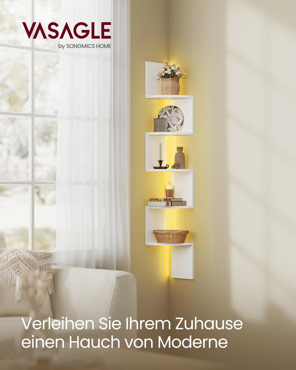 VASAGLE Eckregal mit LED-Beleuchtung, Wandregal 5 Ebenen