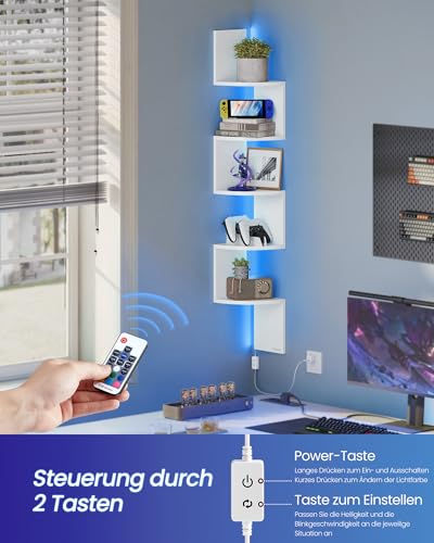 VASAGLE Eckregal mit LED-Beleuchtung, Wandregal 5 Ebenen